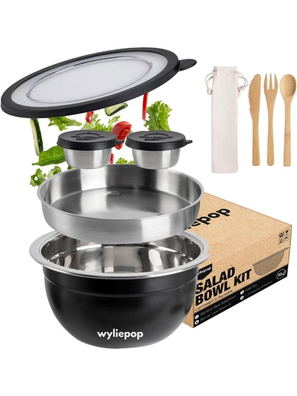 64oz Stainless Steel Salad Bowl Kit with Bamboo Cutlery & Leakproof Lid
